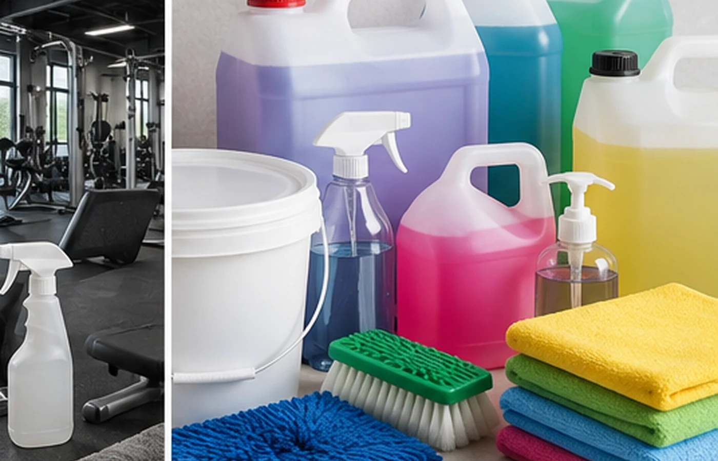 Detalle de envases herramientas y productos líquidos de limpieza a granel