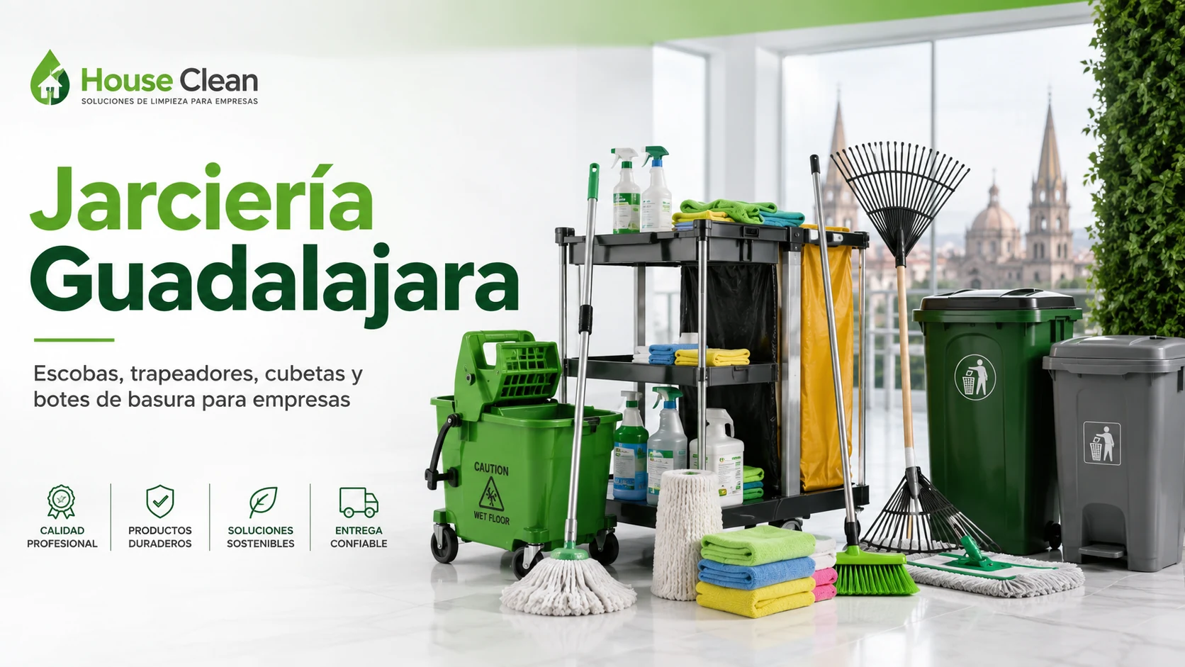 Jarciería Guadalajara con escobas, trapeadores, cubetas y botes de basura para empresas