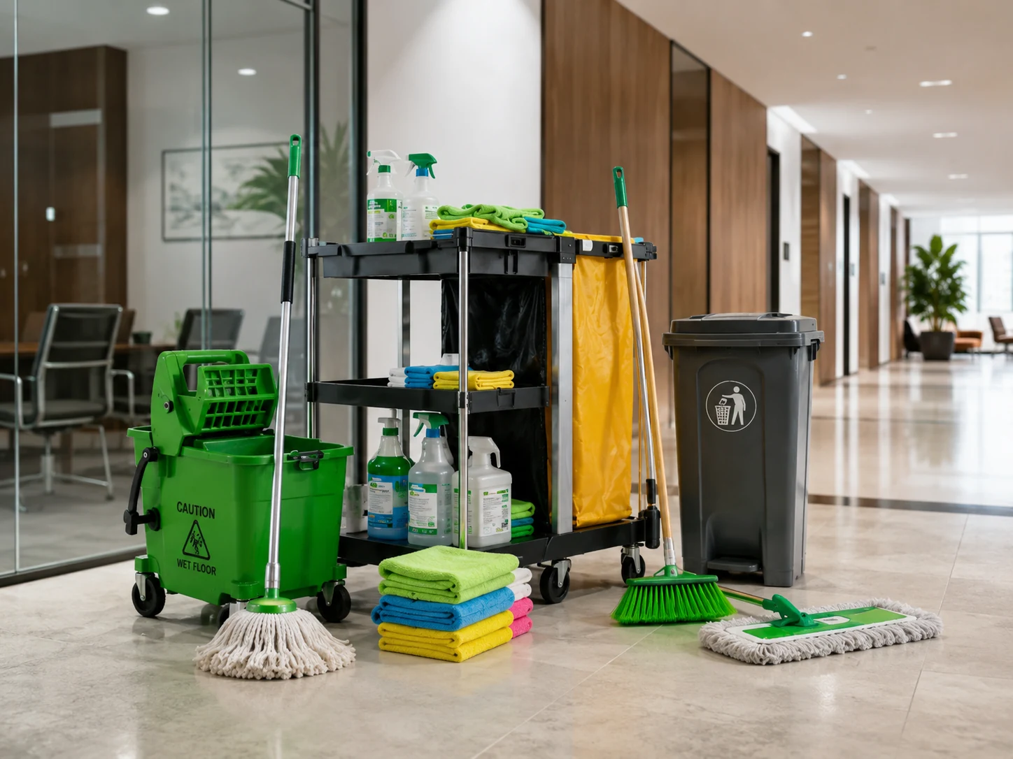 Carrito de limpieza con productos de jarciería para pasillos, hoteles y oficinas