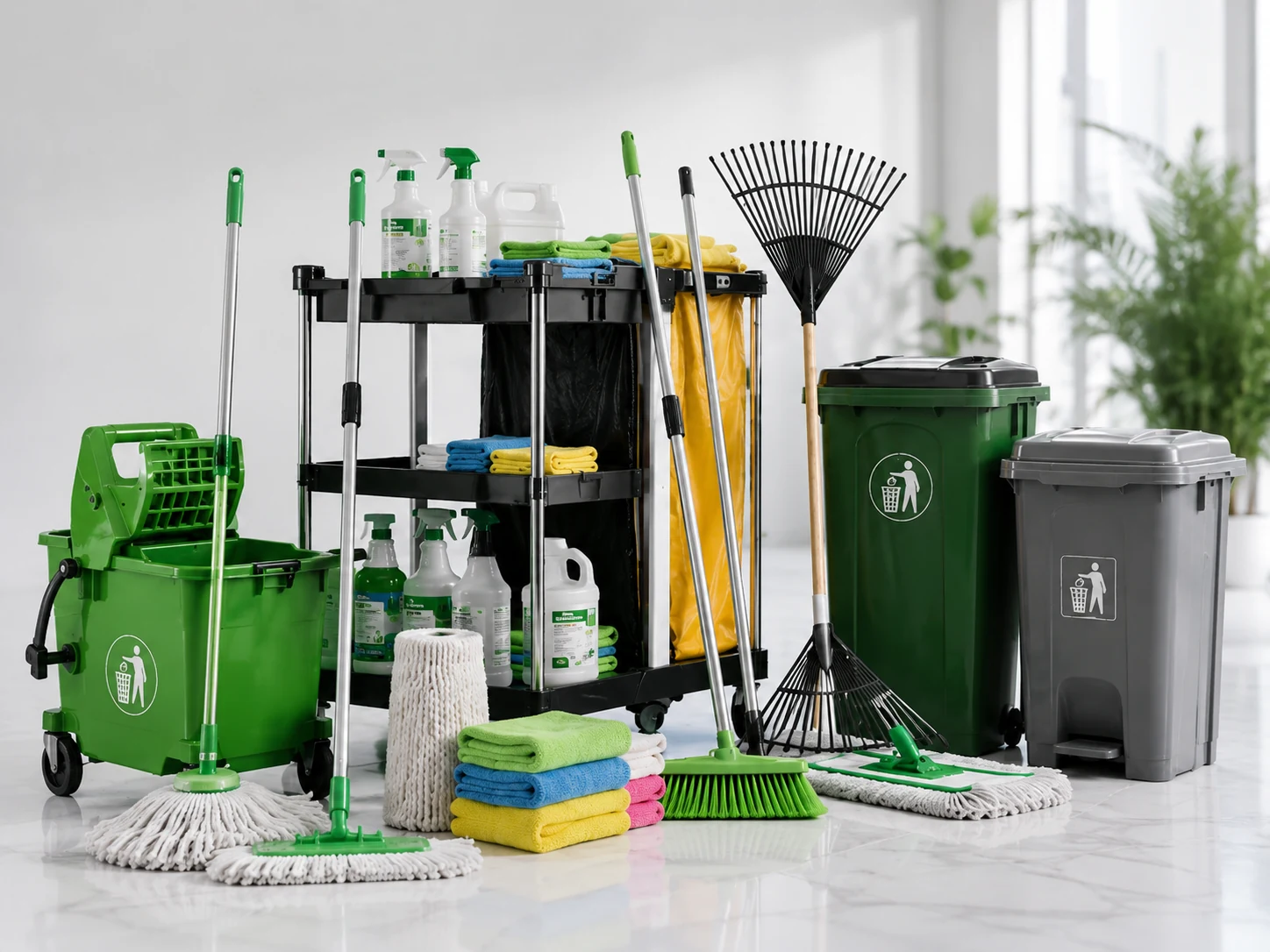 Montaje de productos de jarciería con escobas, trapeadores, cubetas, microfibras y botes de basura